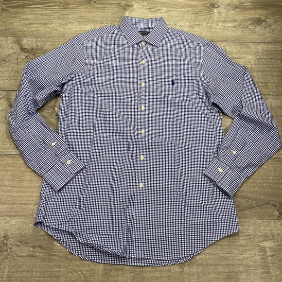Polo Ralph Lauren Shirt Mens Large Blue White Gingham Check Button Down Classic - Picture 1 of 8